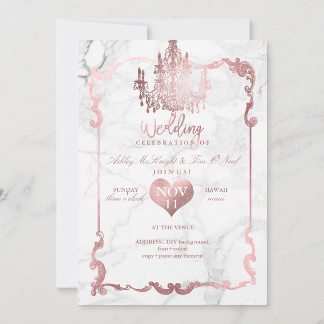 PixDezines Rose Gold Chandelier/Heart/Marble Invitation (Back)