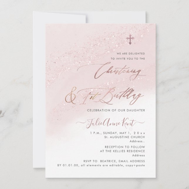 PixDezines Rose Gold Christening+1st Birthday Invitation (Front)