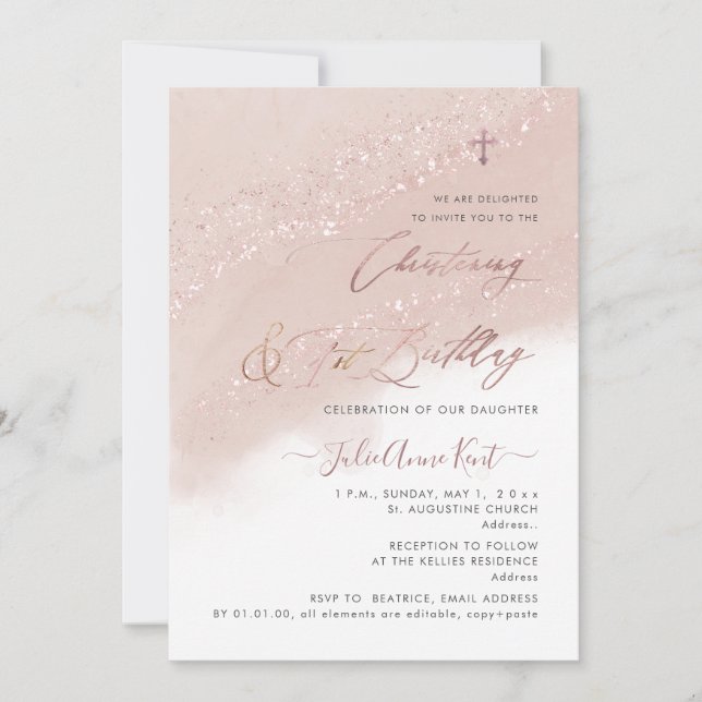 PixDezines Rose Gold Christening+1st Birthday Invitation (Front)