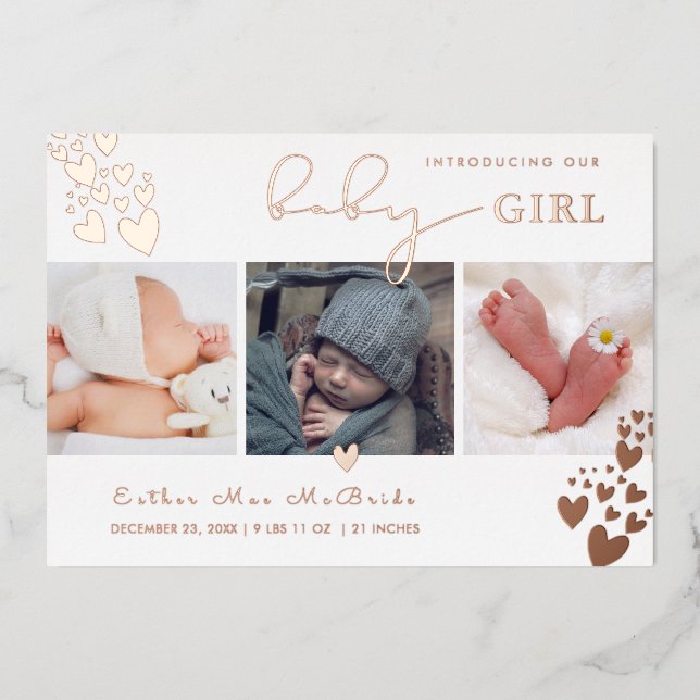 PixDezines Rose Gold Hearts Birth Announcement (Front)