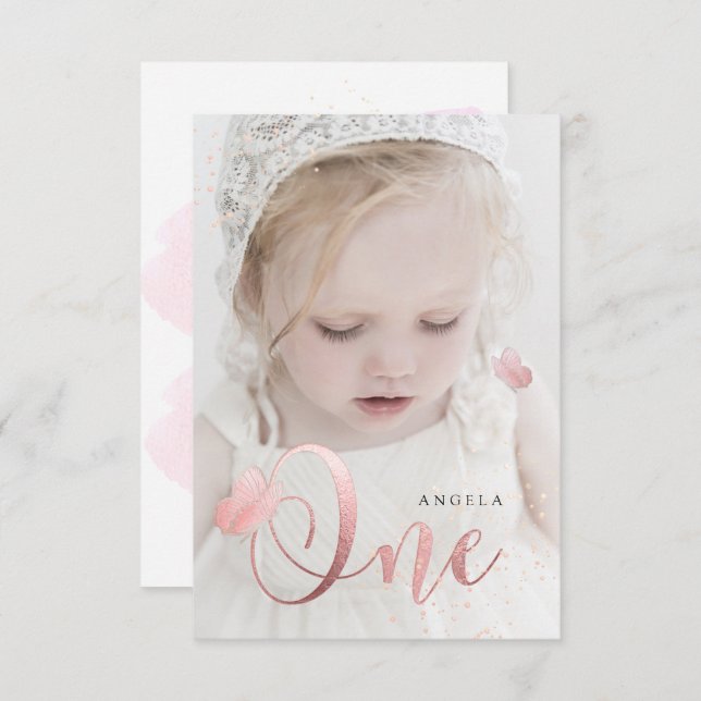 PixDezines Rose Gold Pink Butterflies Watercolor Invitation (Front/Back)