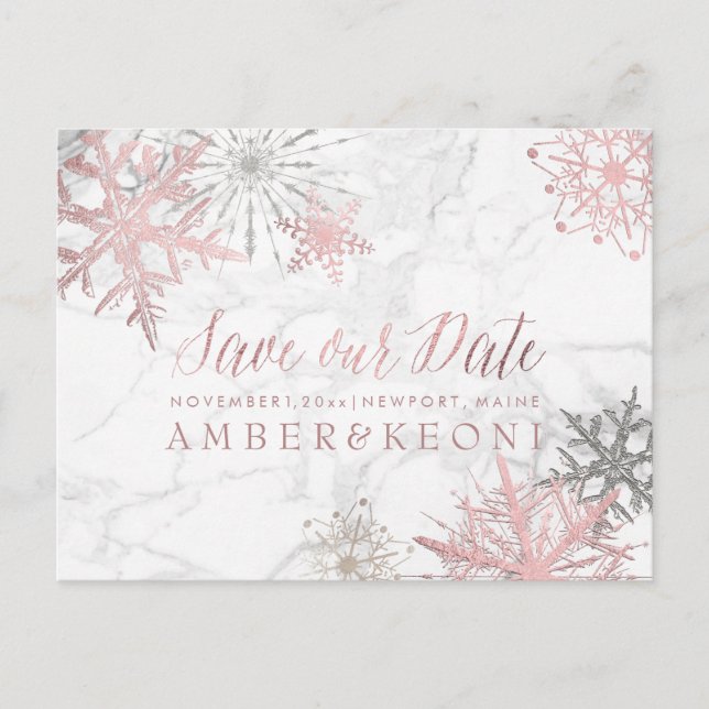 PixDezines ROSE GOLD SNOWFLAKES/MARBLE/SAVE DATE Announcement Postcard (Front)