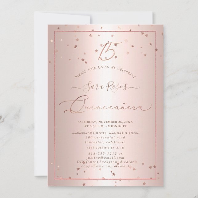 PixDezines Rose Gold Stars Quinceanera Invitation (Front)