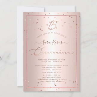 PixDezines Rose Gold Stars Quinceanera Invitation