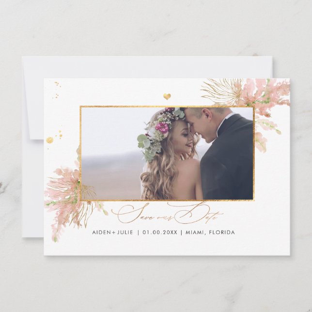 PixDezines Rose Pampas Faux Gold Fan Palms Save The Date (Front)