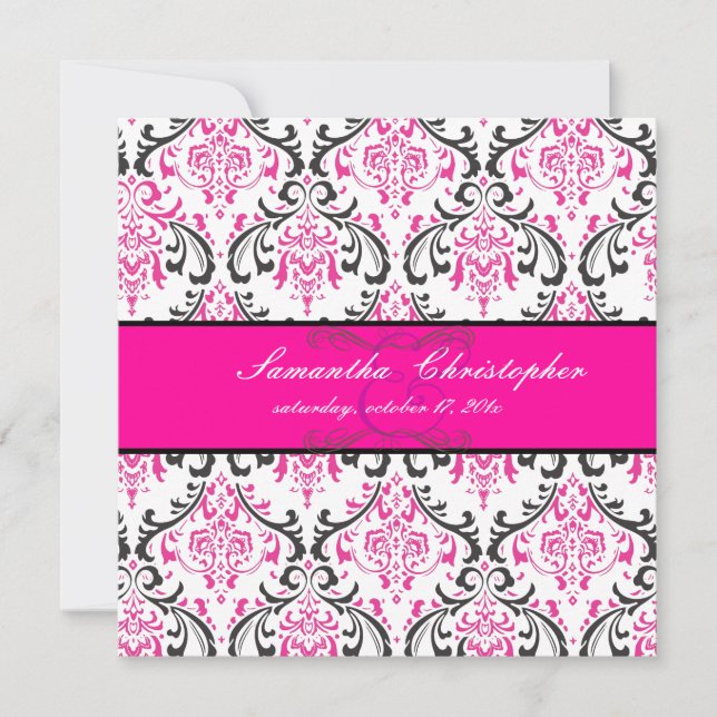 PixDezines Rossi Damask, Black+Pink Invitation (Front)