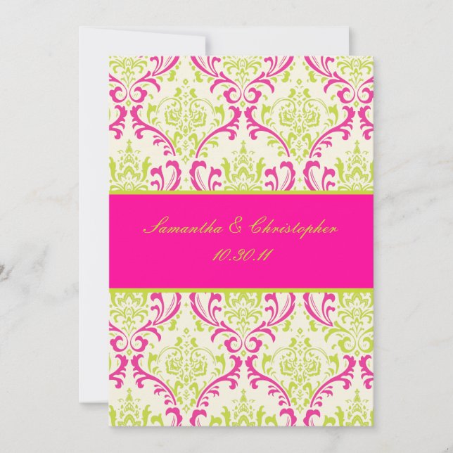PixDezines Rossi, Damask / Lime+Fuschia Invitation (Front)