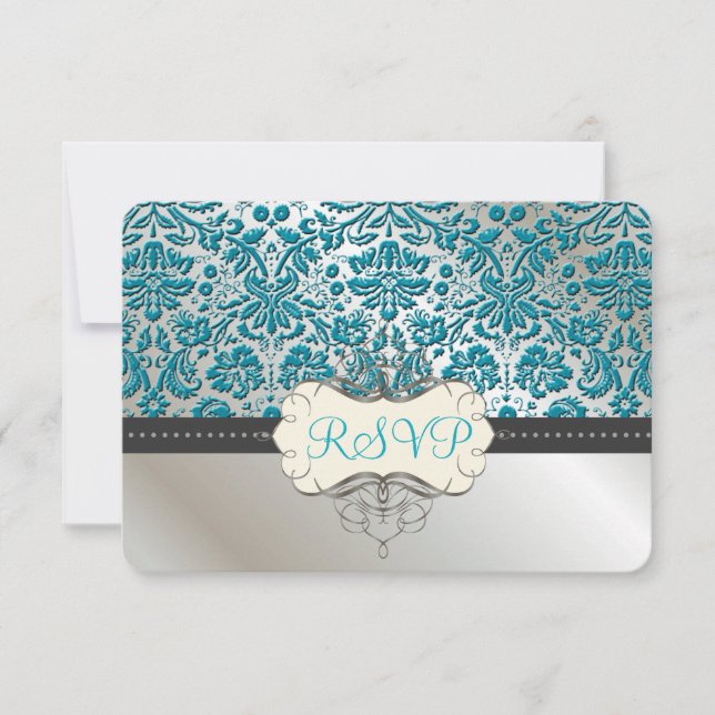 PixDezines rsvp/Baroque faux foil lace/teal RSVP Card (Front)