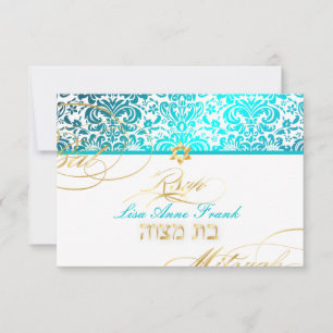 PixDezines rsvp Fidora Damask, Bat Mitzvah Card