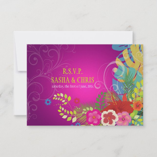 PixDezines rsvp hibiscus+monstera/yellow+fuschia Card (Front)