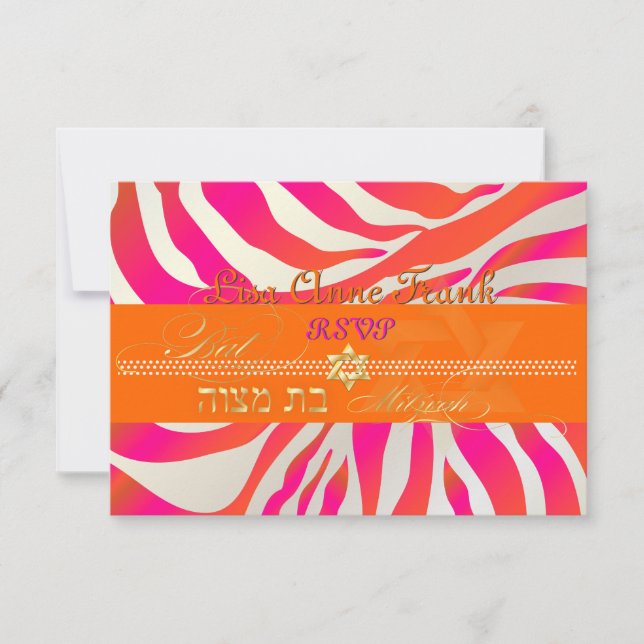 PixDezines rsvp Hot Pink+Orange Zebra, Bat Mitzvah (Front)