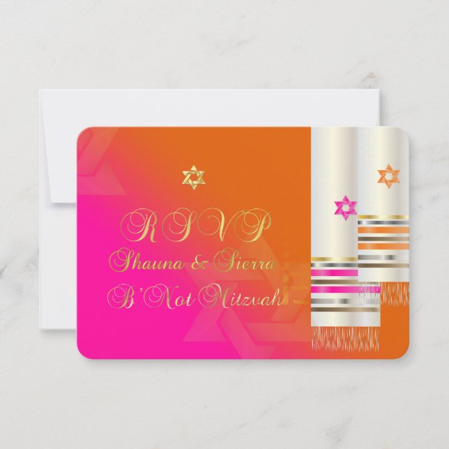 PixDezines RSVP Pink/Orange B'not mitzvah Card (Front)