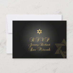 PixDezines rsvp Star, Bar Mitzvah/black+gold Invitation