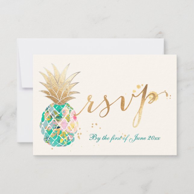 PixDezines RSVP Turquoise Pineapples/Gold Script Card (Front)