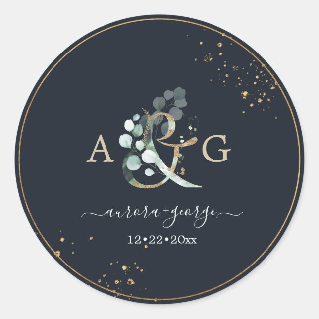 PixDezines Rustic Ampersand Eucalyptus Navy Blue  Classic Round Sticker (Front)