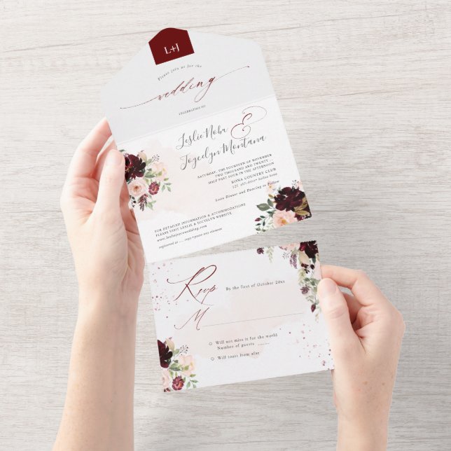 PixDezines Rustic Blush Burgundy WatercolorFlowers All In One Invitation (Tearaway)