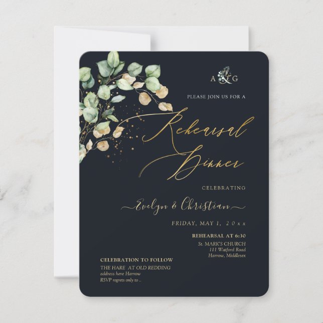 PixDezines Rustic Dollar Eucalyptus Navy n Gold  Invitation (Front)