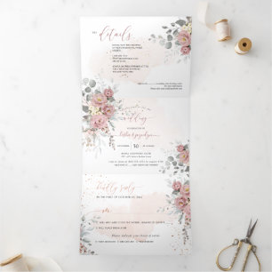 PixDezines Rustic Dusty Pink Roses Eucalyptus Tri-Fold Invitation