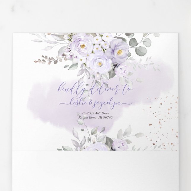 PixDezines Rustic Dusty Purple Roses Eucalyptus Tri-Fold Invitation (Flap)