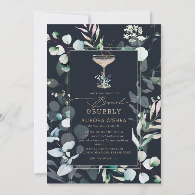PixDezines Rustic Eucalyptus Navy Bruncy Bubbly Invitation (Front)