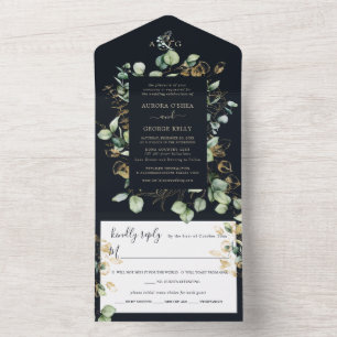 PixDezines Rustic Eucalyptus Navy n Gold All In One Invitation