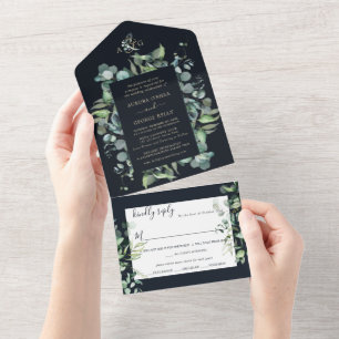 PixDezines Rustic Eucalyptus Navy n Gold All In One Invitation