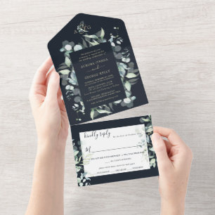 PixDezines Rustic Eucalyptus Navy n Gold All In One Invitation