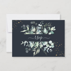 PixDezines Rustic Eucalyptus Navy n Gold RSVP Invitation