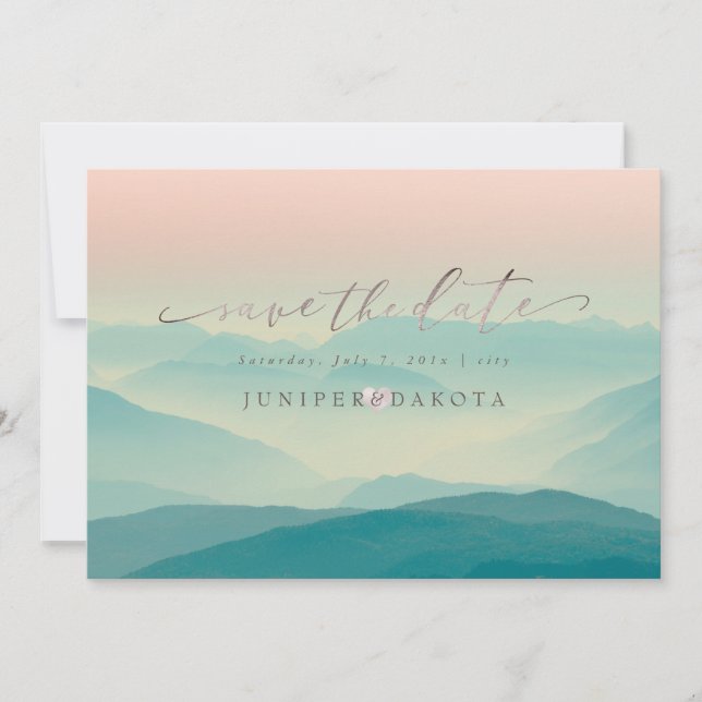 PixDezines Rustic Misty Mountain Range Ombre Blush Invitation (Front)