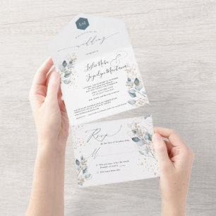 PixDezines Rustic Watercolor Blue Gum Eucalyptus All In One Invitation
