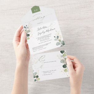 PixDezines Rustic Watercolor Green Gold Eucalyptus All In One Invitation