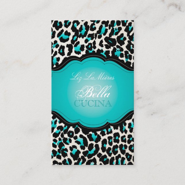 PixDezines Sassy cheetah print/teal/diy background Business Card (Front)