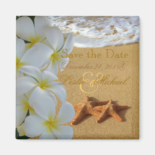 PixDezines Save Date, Beach+Plumeria+Starfish Magnet