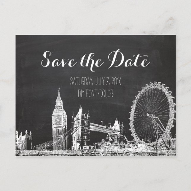 PixDezines/save date/chalkboard/london sketched Announcement Postcard (Front)