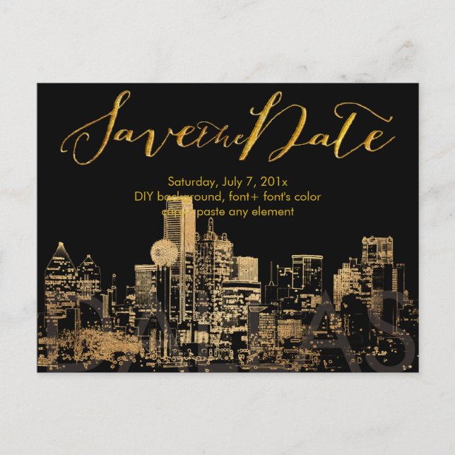 PixDezines/Save Date/Faux Gold/Dallas Skyline Announcement Postcard (Front)