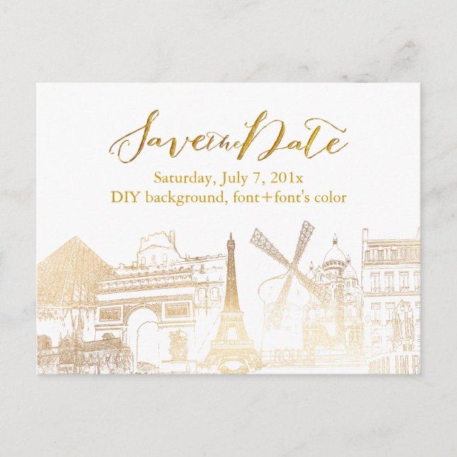PixDezines/Save Date/Faux Gold/Paris Sketched Announcement Postcard (Front)