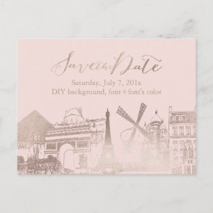 PixDezines/Save Date/Faux Pink Gold/Paris Sketched Announcement Postcard