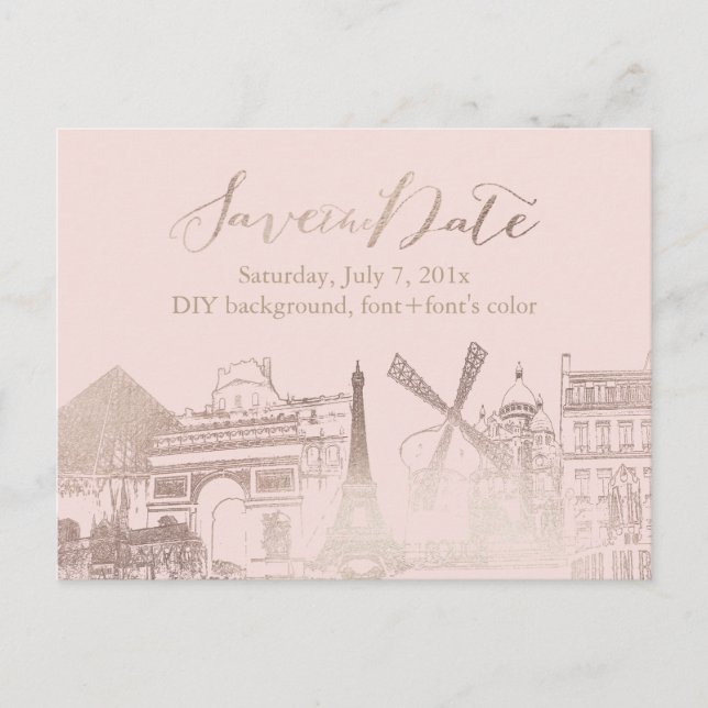 PixDezines/Save Date/Faux Pink Gold/Paris Sketched Announcement Postcard (Front)