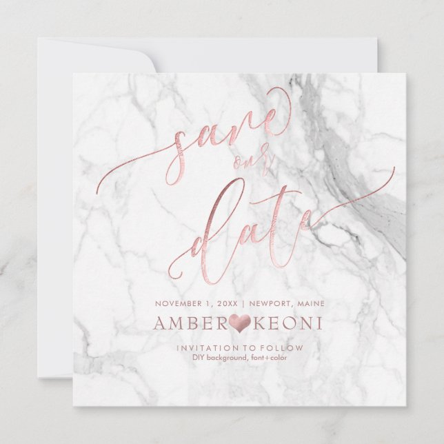 PixDezines Save Date/Faux Rose Gold/White Marble Save The Date (Front)