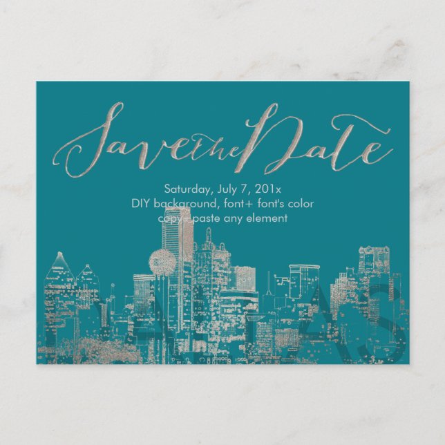 PixDezines/Save Date/Faux Silver/Dallas Skyline Announcement Postcard (Front)