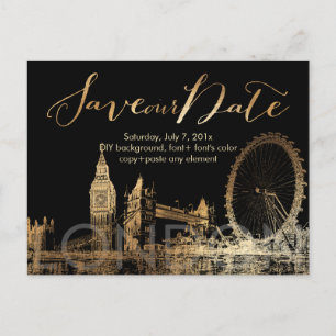 PixDezines/Save Date/Gold/London Skyline Announcement Postcard