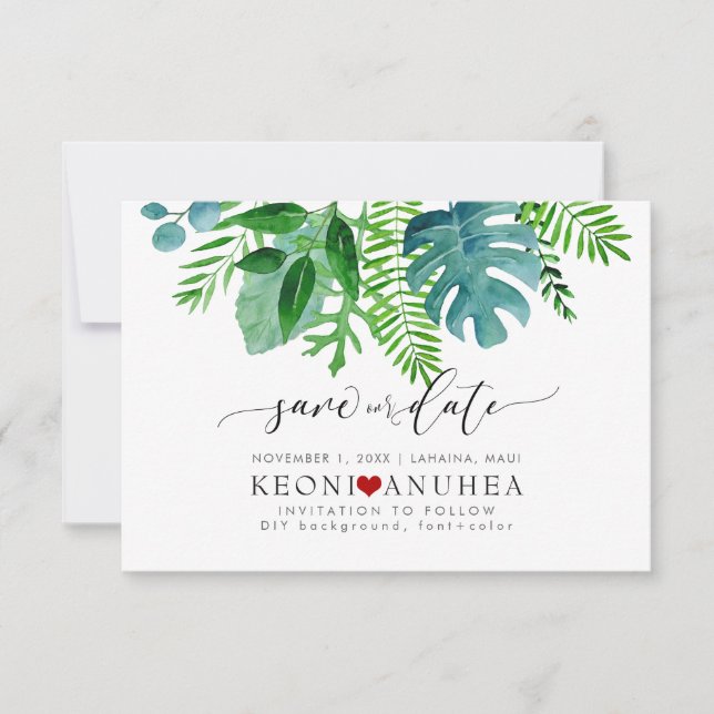 PixDezines Save Date/Greenery, Tropical Foliage The Date (Front)