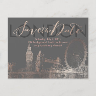 PixDezines/Save Date/Pink Gold/London Skyline Announcement Postcard