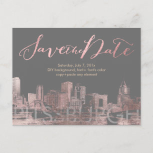 PixDezines/Save Date/Pink Gold/Pittsburgh Skyline Announcement Postcard