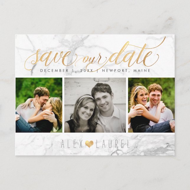 PixDezines Save our Date/Chic Faux Gold+Marble Postcard (Front)