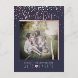 PixDezines Save th Date/Faux Rose Gold Confetti Announcement Postcard