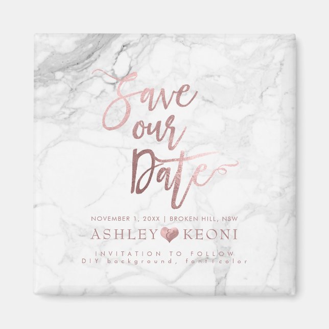 PixDezines Save the Date/Faux Rose Gold+Marble Magnet (Front)