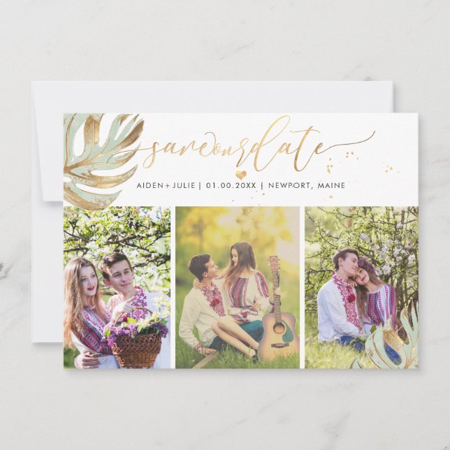 PixDezines Seafoam Green Monstera Faux Metallic Save The Date (Front)