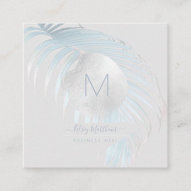 PixDezines Silver Blue Palms Square Business Card (Front)