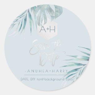 PixDezines Silver Palms Monogram, Save the Date Classic Round Sticker
